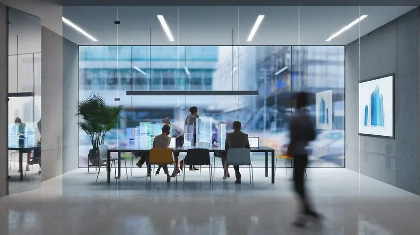 Three people having a conference inside a room with two glass walls